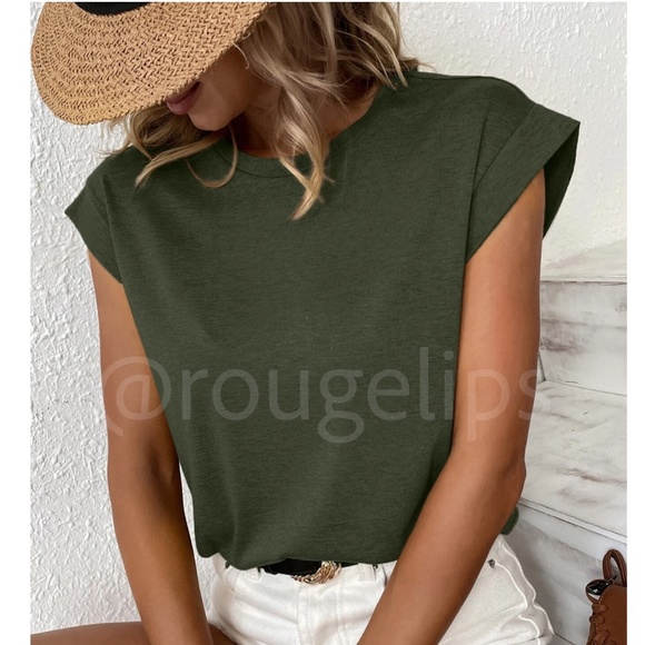 Rouge! Tops - Army Green Crew Neck Muscle Tee Top Shirt Cap Sleeve, Round Neck